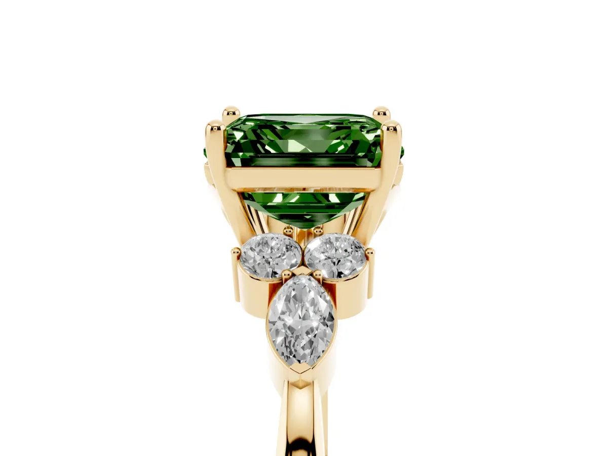 Fancy Green Asscher Cut Brilliant Diamond Solitaire Ring with Pear Side Stones and Four-Prong Setting Yellow gold