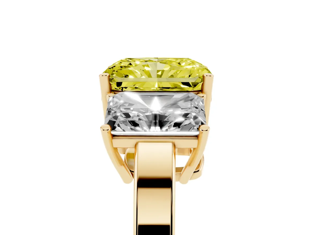 Fancy Yellow Three-Stone Radiant Cut Cut Diamond Engagement Ring with Flat Band and Four-Prong Setting Yellow gold