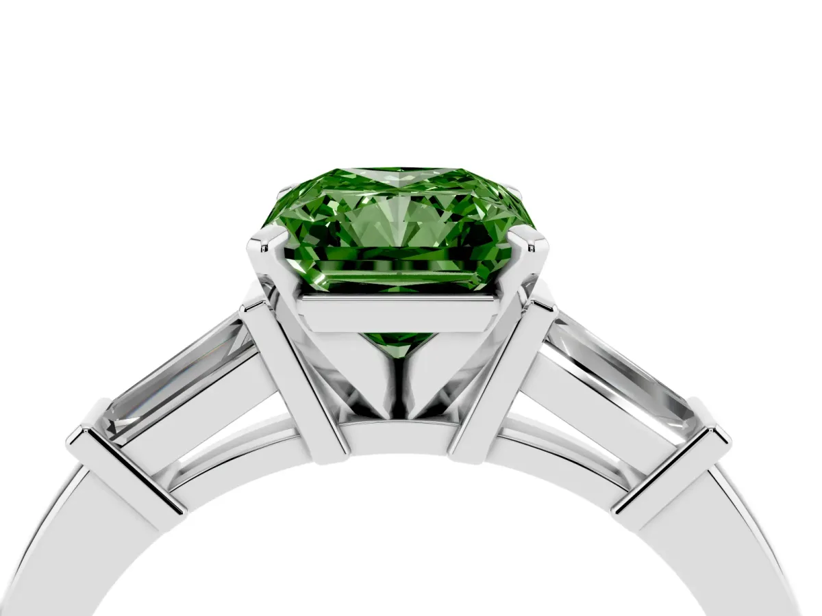 Fancy Green Radiant Cut Cut Diamond Solitaire Ring with Tapered Baguette Accents and Four-Prong Setting White gold