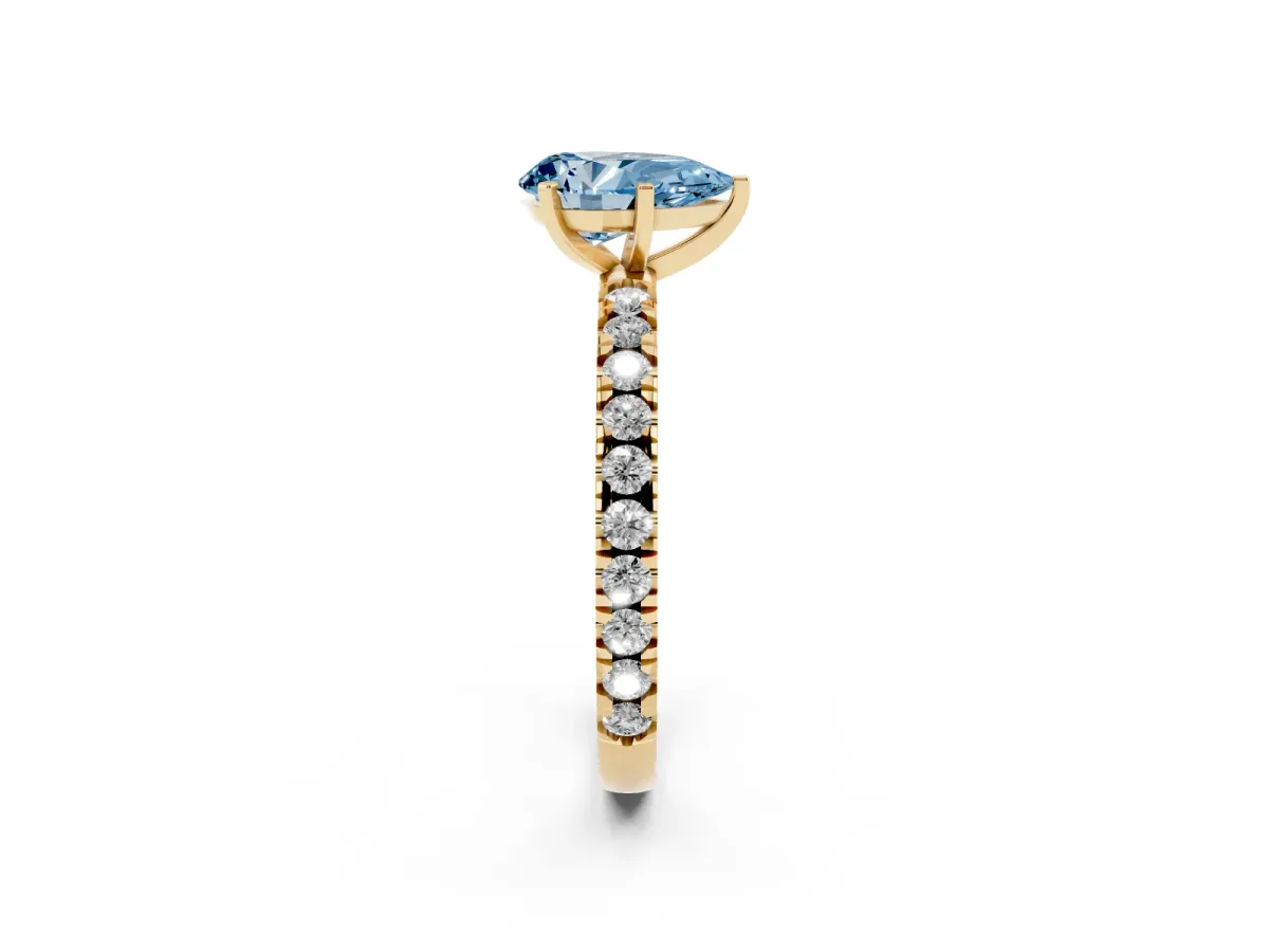 Fancy Blue Pear Cut Diamond Pavé Band Solitaire with Four-Prong Setting Yellow gold