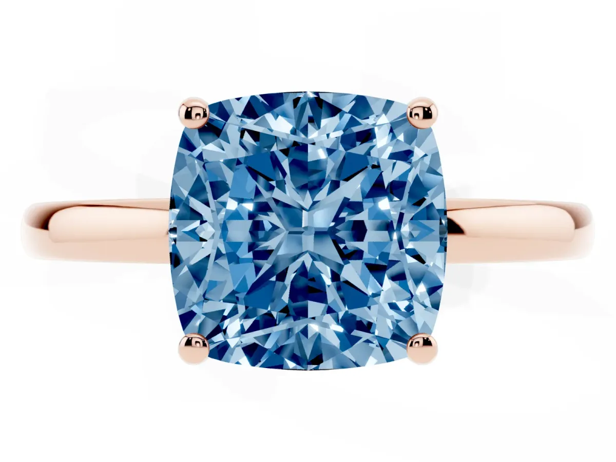 Fancy Blue Cushion Cut Solitaire Diamond Ring with Prong Setting and Plain Band Rose gold