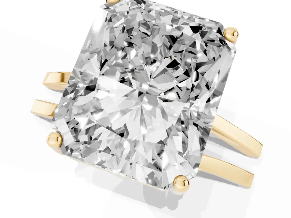 Radiant Cut Cut Diamond Solitaire Engagement Ring with Tapered Plain Band and Four-Prong Setting Yellow gold