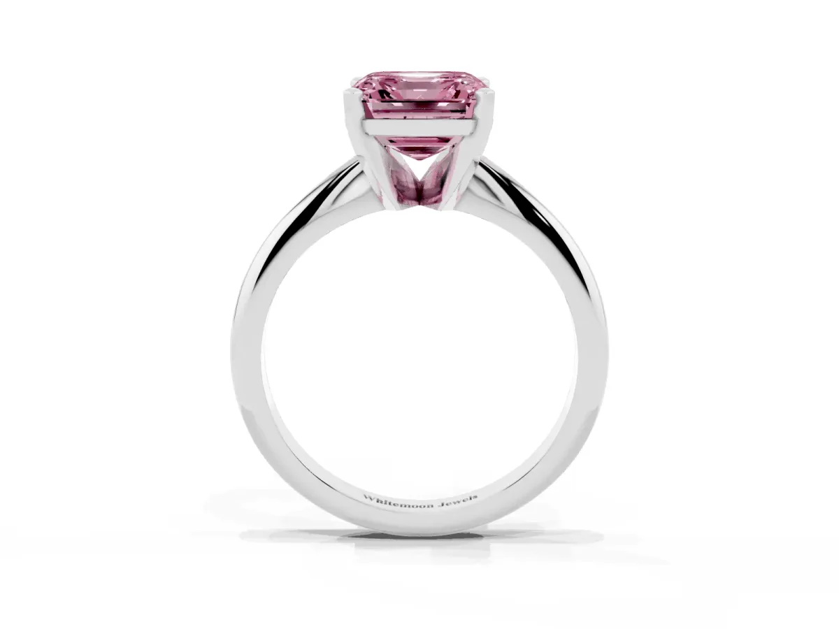 Fancy Pink Asscher Cut Cut Solitaire Ring with Four-Prong Setting on a Classic Band Silver