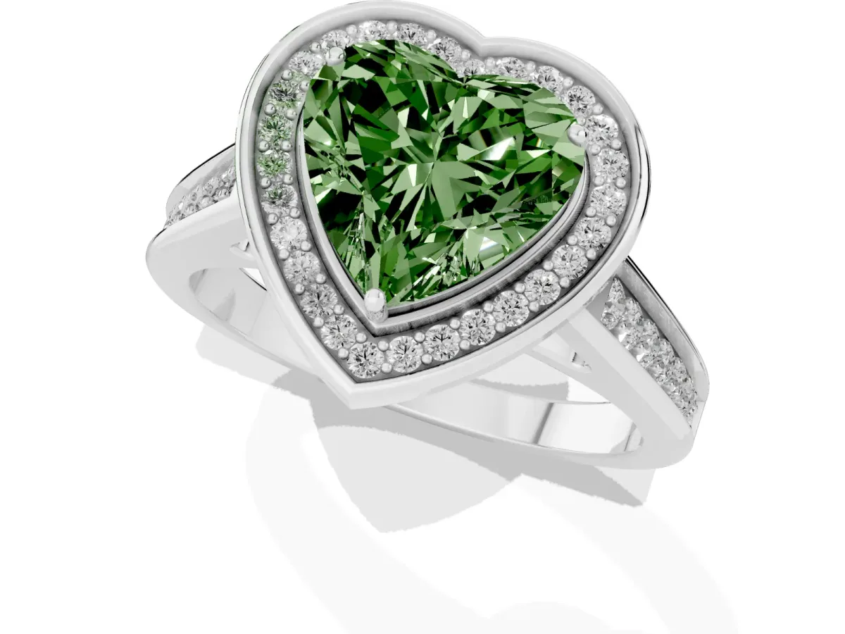 Fancy Green Heart Cut Halo Solitaire Diamond Ring with Pave Band and Bezel Setting Platinum