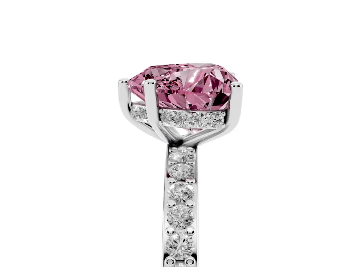 Fancy Pink Heart Cut Cut Diamond Pavé Band Ring with Four-Prong Setting Silver