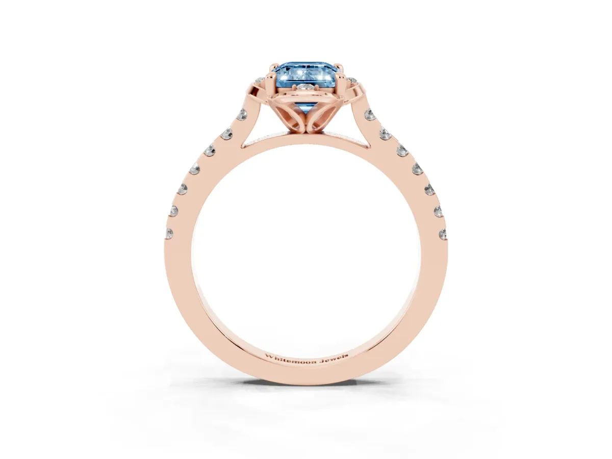 Fancy Blue Emerald Cut Diamond Ring with Pavé Band and Floral Prong Setting Rose gold