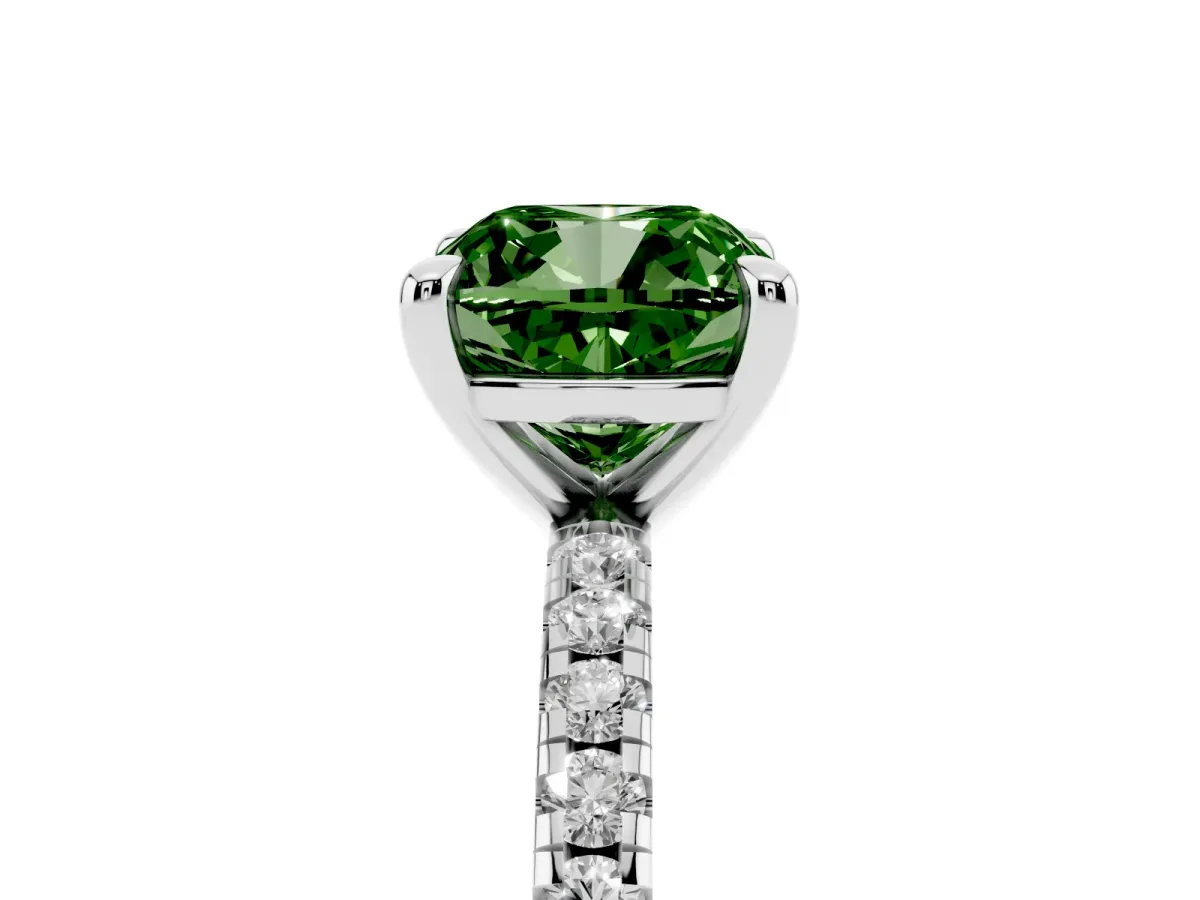 Fancy Green Cushion Cut Diamond Brilliant Solitaire Ring with Pavé Band and Four-Prong Setting Platinum