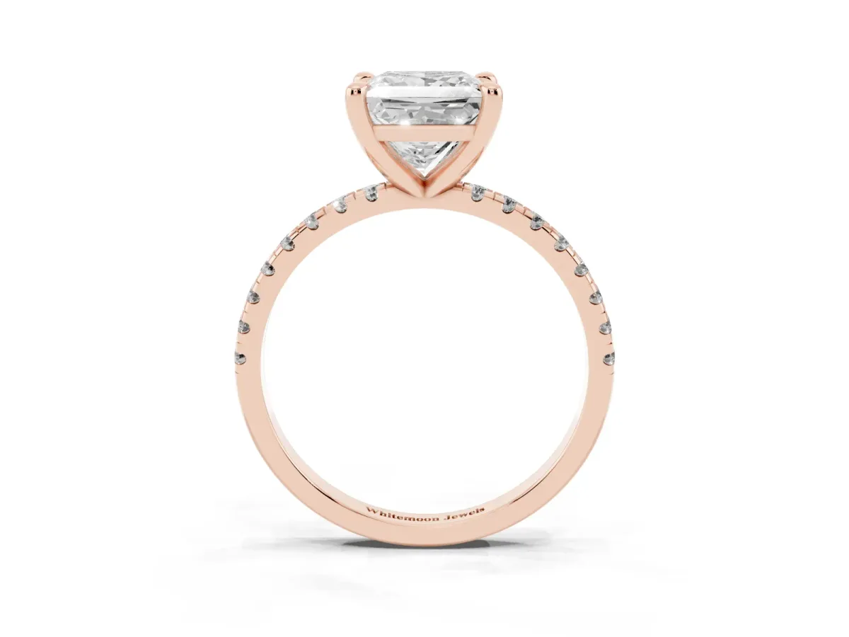 Princess Cut Diamond Brilliant Solitaire Ring with Pavé Band and Four-Prong Setting Rose gold