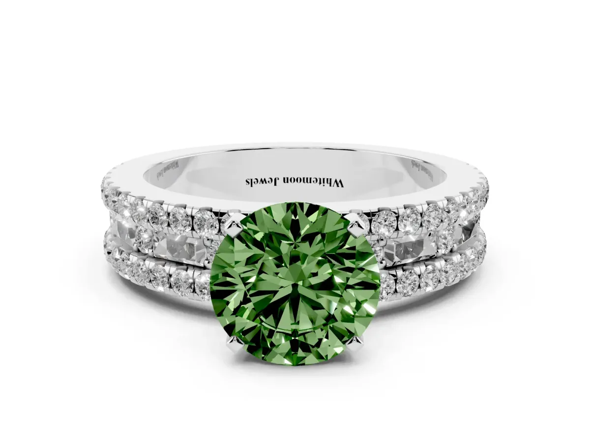 Fancy Green Round Cut Diamond Solitaire Ring with Pavé and Channel Set Band Silver