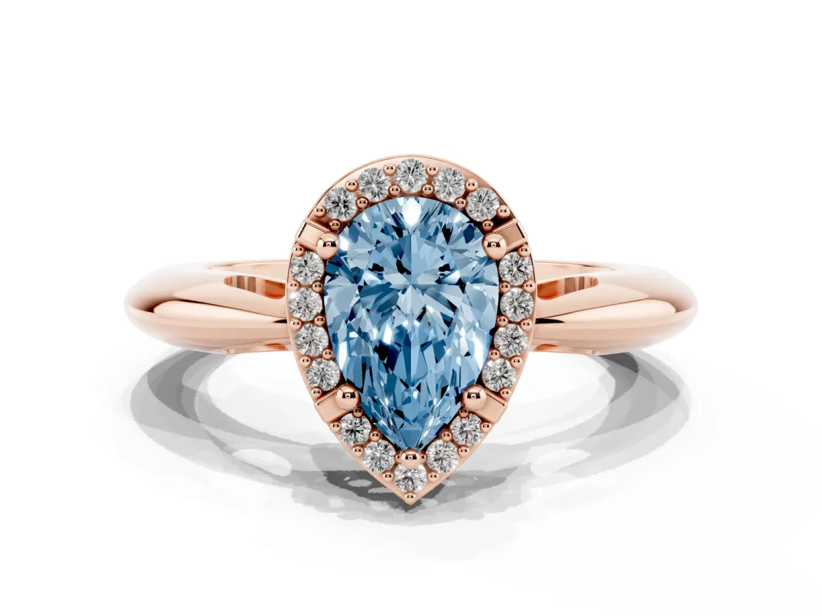 Fancy Blue Pear Cut Cut Diamond Halo Engagement Ring with Split Shank and Four-Prong Setting Rose gold