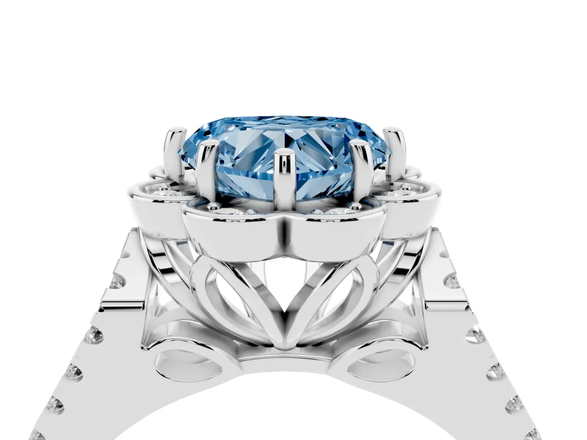 Fancy Blue Heart Cut Halo Diamond Floral Split Shank Engagement Ring Silver
