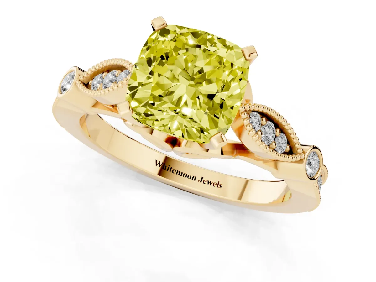 Fancy Yellow Cushion Cut Cut Diamond with Milgrain Marquise and Bezel Accents on a Solitaire Band with Prong Setting Yellow gold