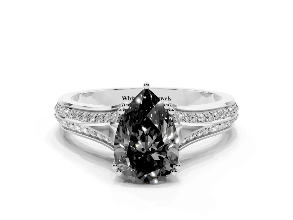 Fancy Black Pear Cut Diamond Split Shank Engagement Ring with Pavé Band Silver