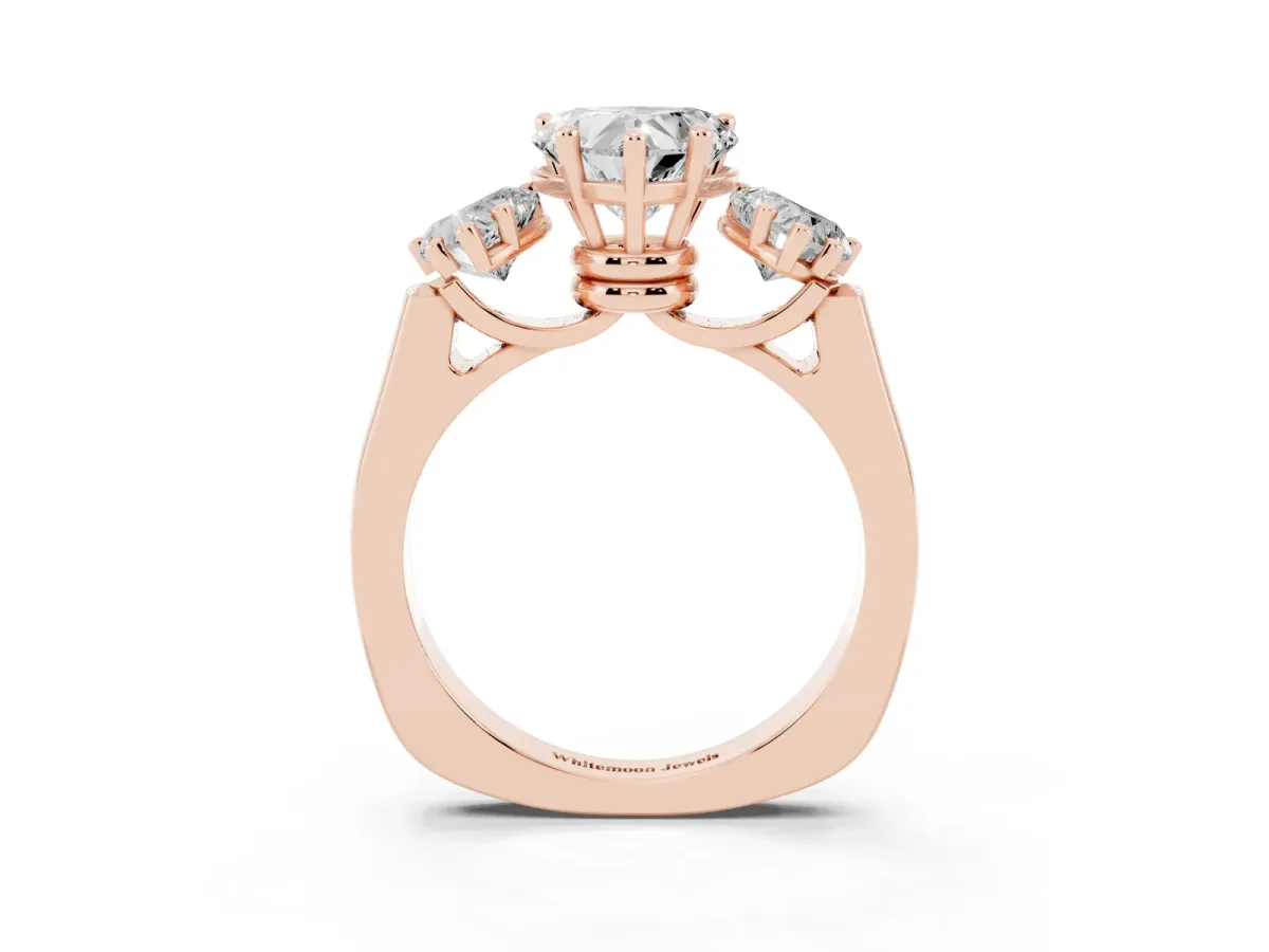 Three-Stone Heart Cut Brilliant Diamond Trellis Ring with Comfort Fit Band Rose gold