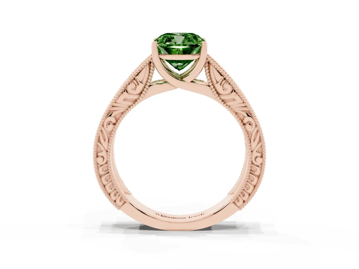Fancy Green Cushion Cut Diamond Solitaire Ring with Engraved Band and Four-Prong Setting Rose gold