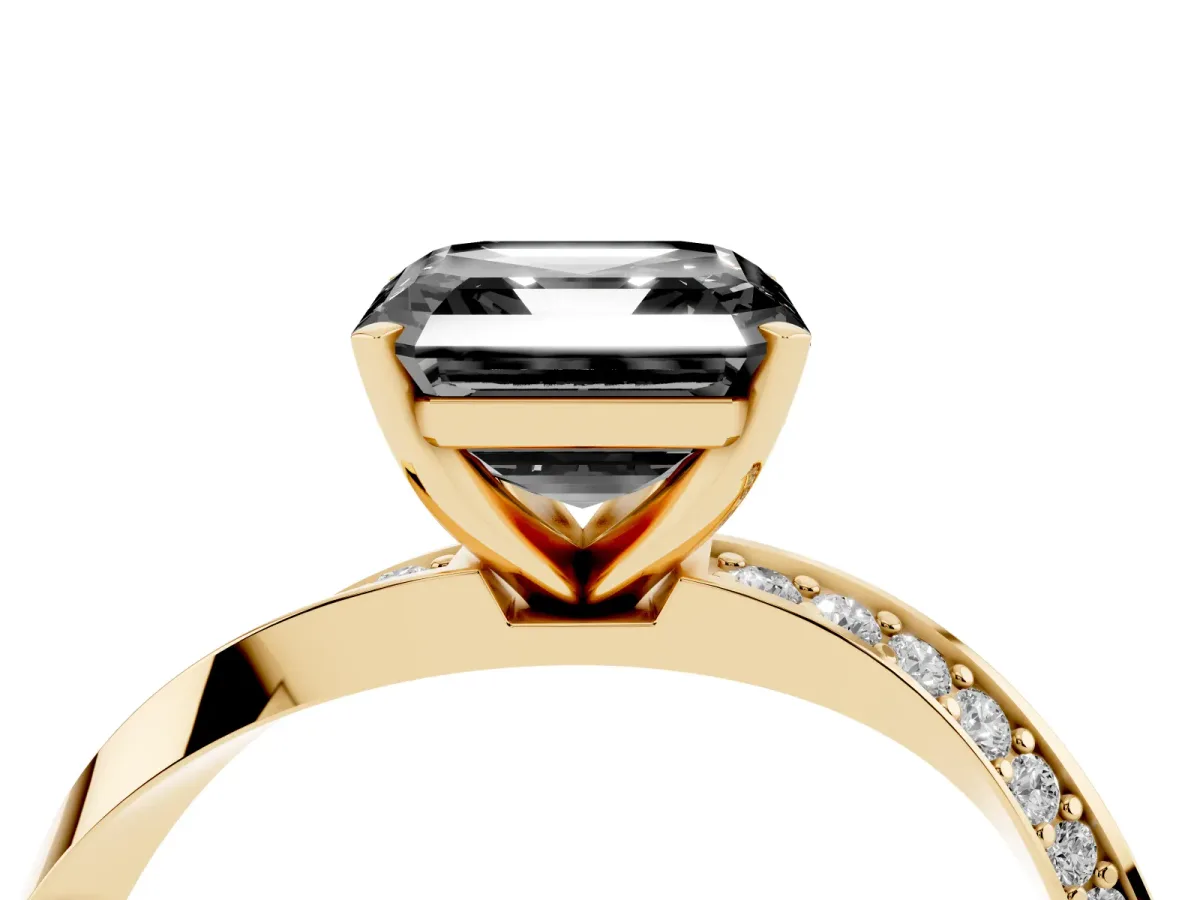 Fancy Black Asscher Cut Diamond Engagement Ring with Side Stone Accents and Four-Prong Setting Yellow gold