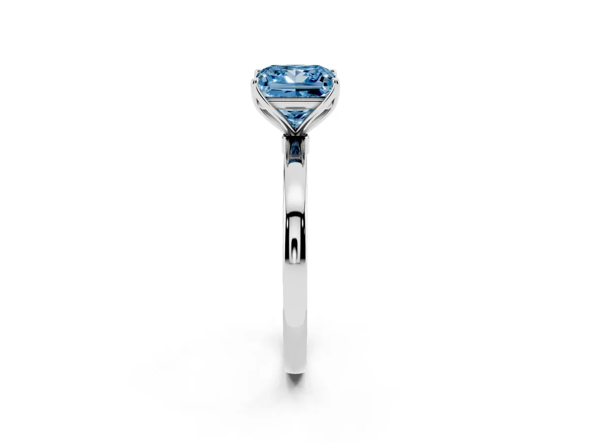 Fancy Blue Princess Cut Diamond Solitaire Ring with Thin Band and Prong Setting Platinum