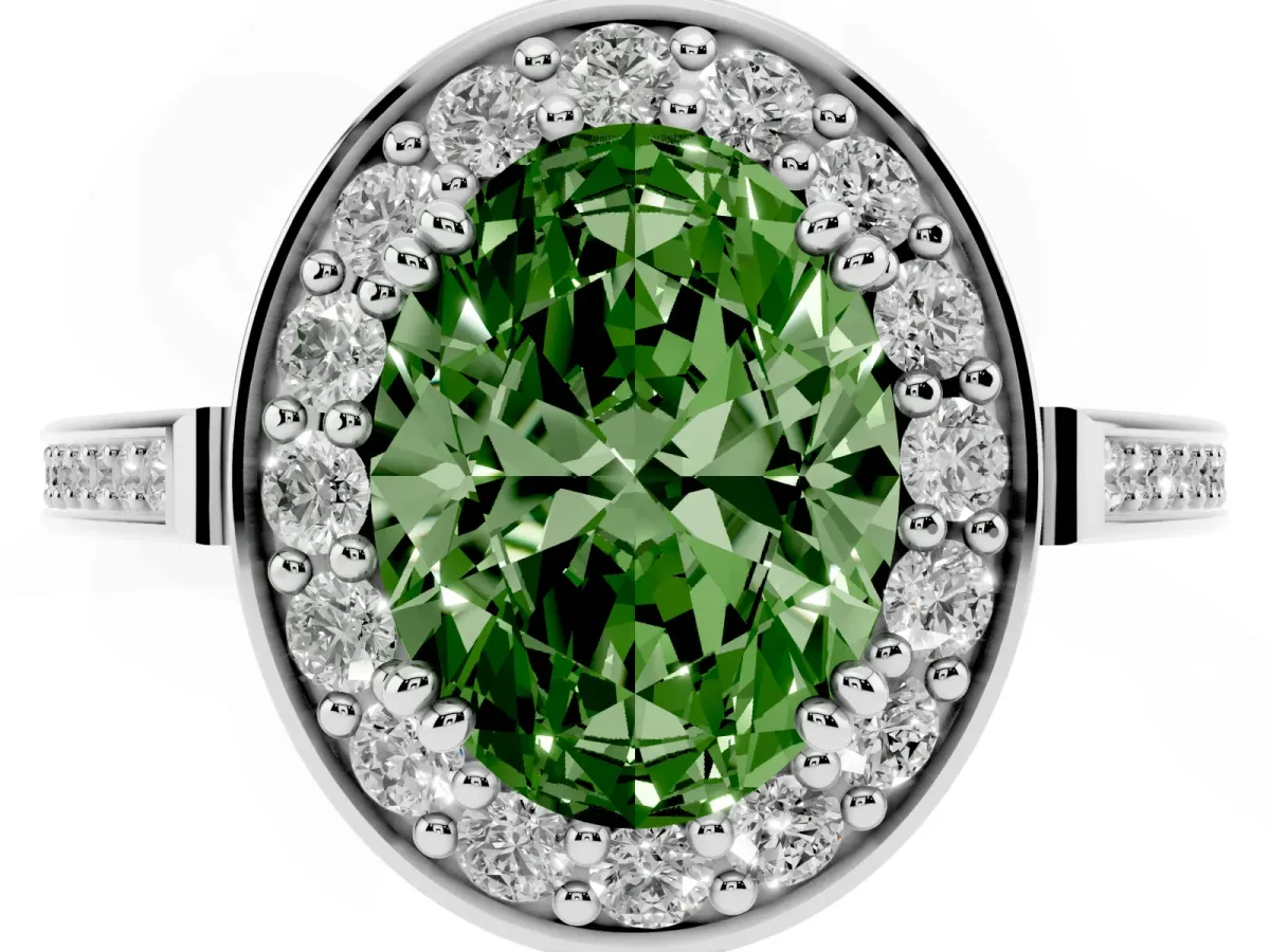 Fancy Green Oval Cut Diamond Halo Ring with Split Shank and Four-Prong Setting Silver