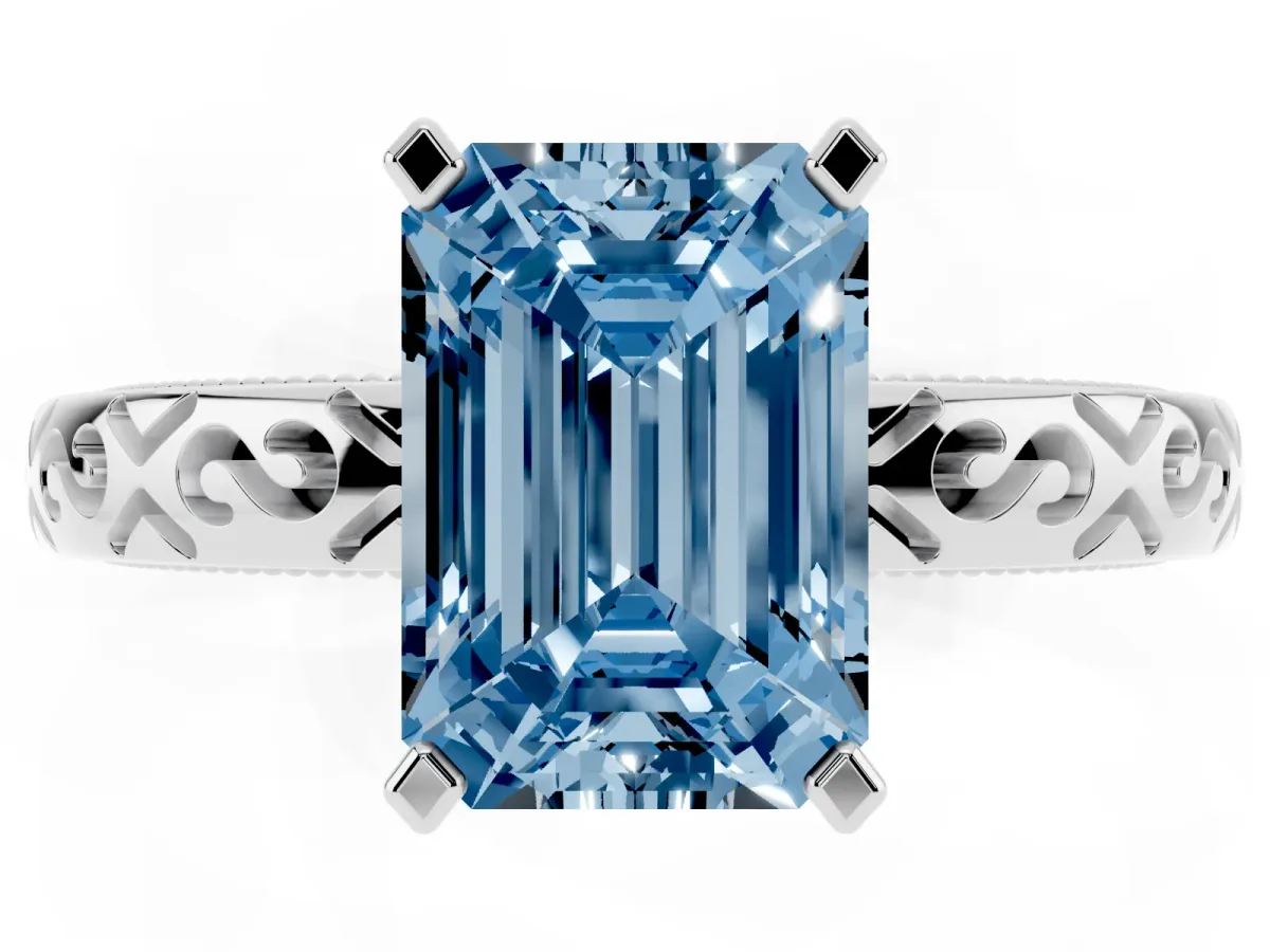 Fancy Blue Emerald Cut Solitaire Engagement Ring with Scrollwork Band and Four-Prong Setting White gold
