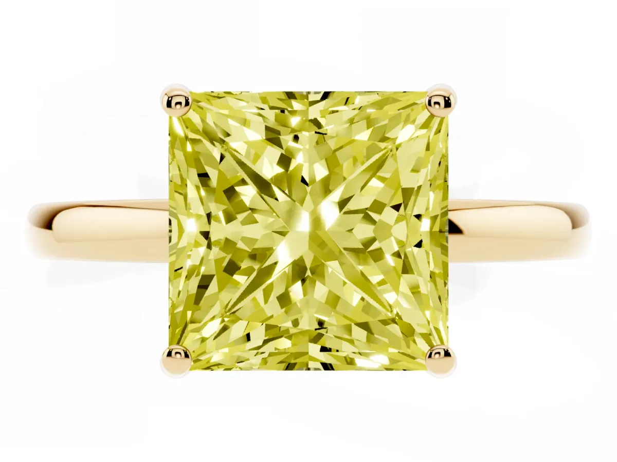 Fancy Yellow Princess Cut Solitaire Diamond Ring with Prong Setting and Plain Band Yellow gold