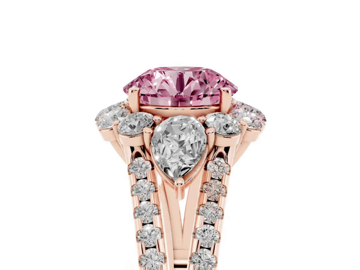 Fancy Pink Round Cut Halo Split Shank Diamond Engagement Ring with Prong Setting Rose gold