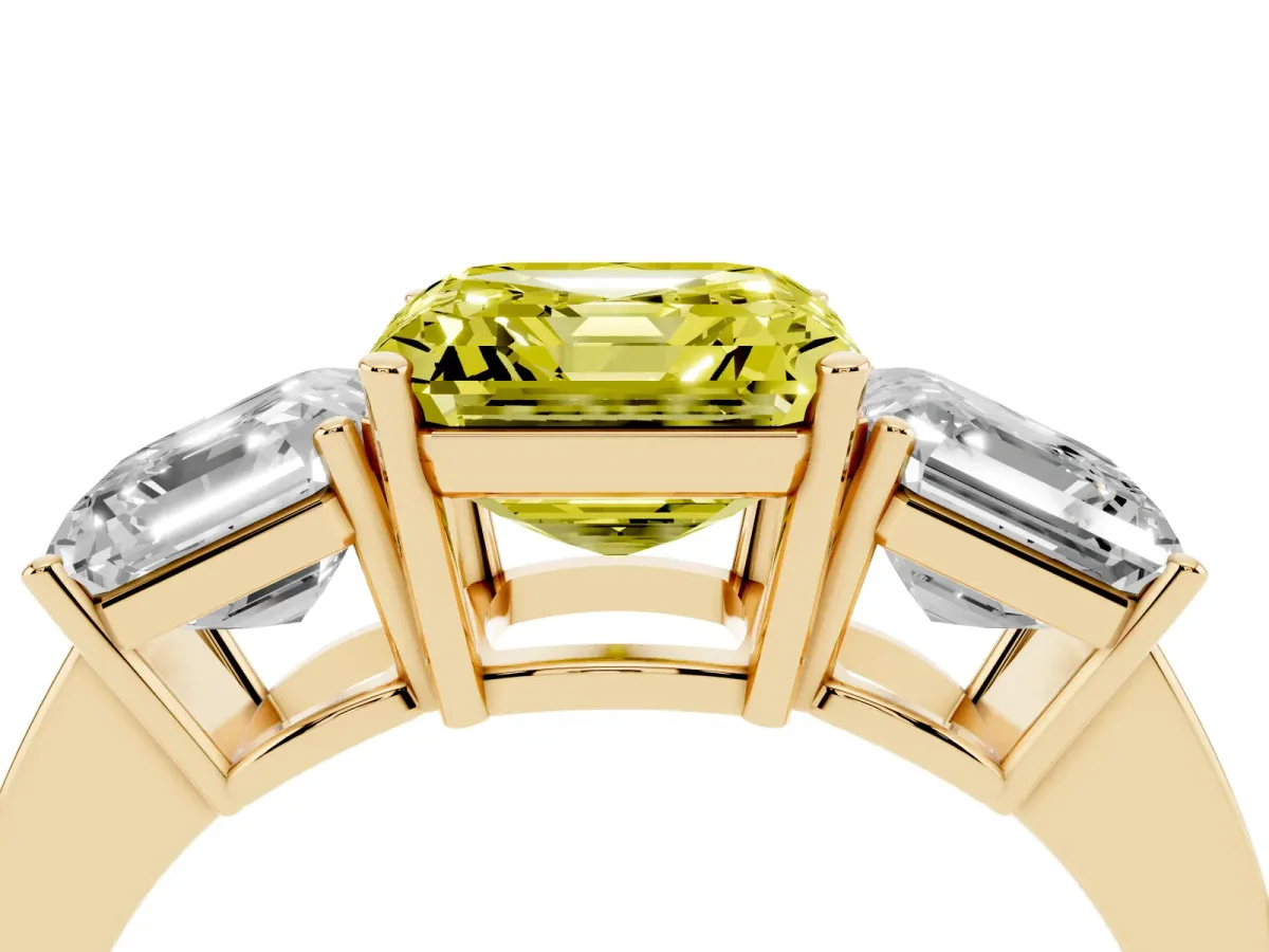 Fancy Yellow Three-Stone Asscher Cut Cut Diamond Engagement Ring with Flat Band and Four-Prong Setting Yellow gold