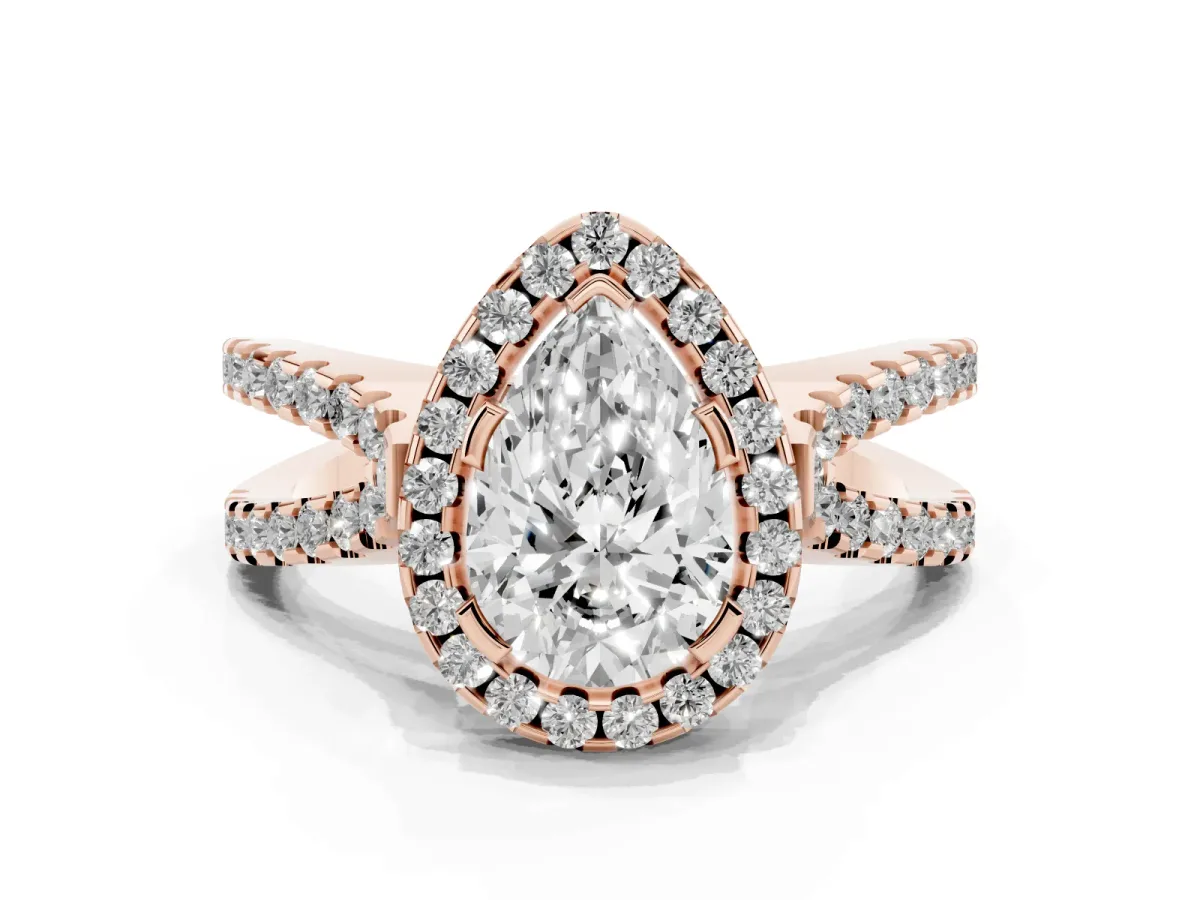 Pear Cut Diamond Halo Ring with Split Shank Pavé Band and Prong Setting Rose gold