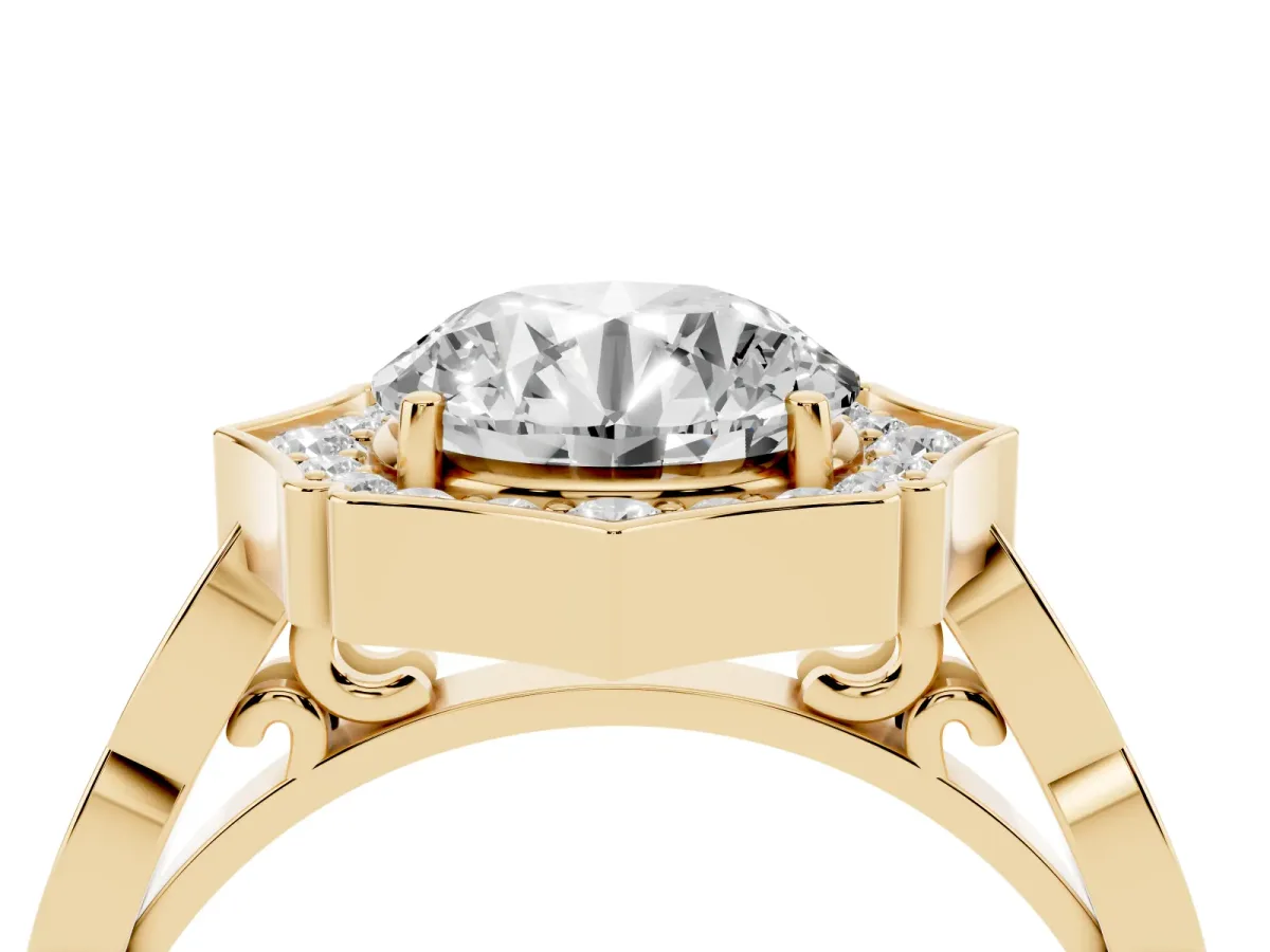 Round Cut Halo Diamond Engagement Ring with Milgrain Band and Four-Prong Setting Yellow gold