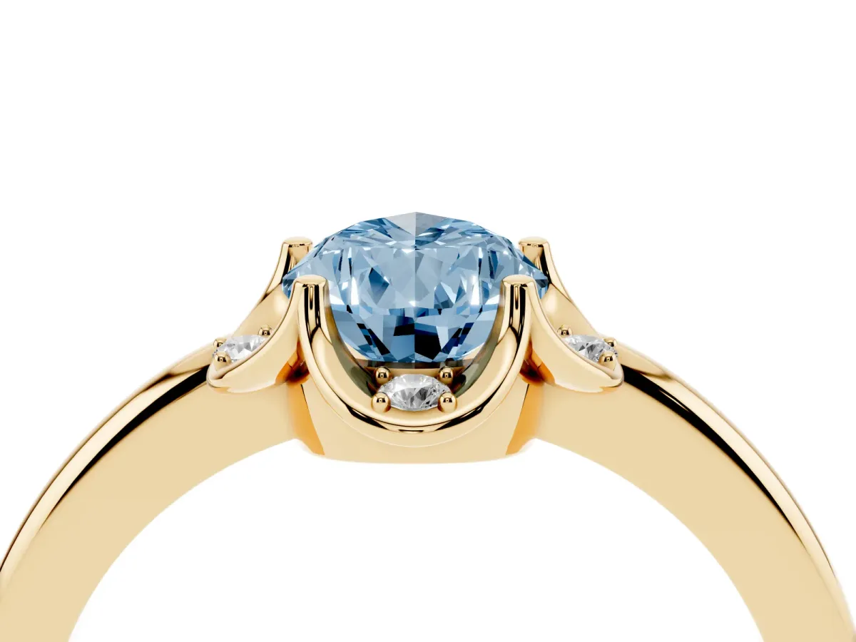Fancy Blue Pear Cut Halo Diamond Ring with Round Cluster Setting, Solitaire Band, and Four-Prong Setting Yellow gold