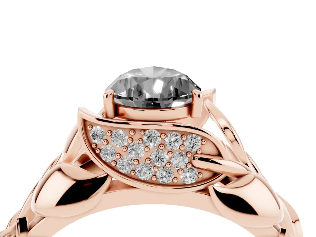 Fancy Black Pear Cut Diamond Leaf-Inspired Engagement Ring with Round Accents and Prong Setting Rose gold