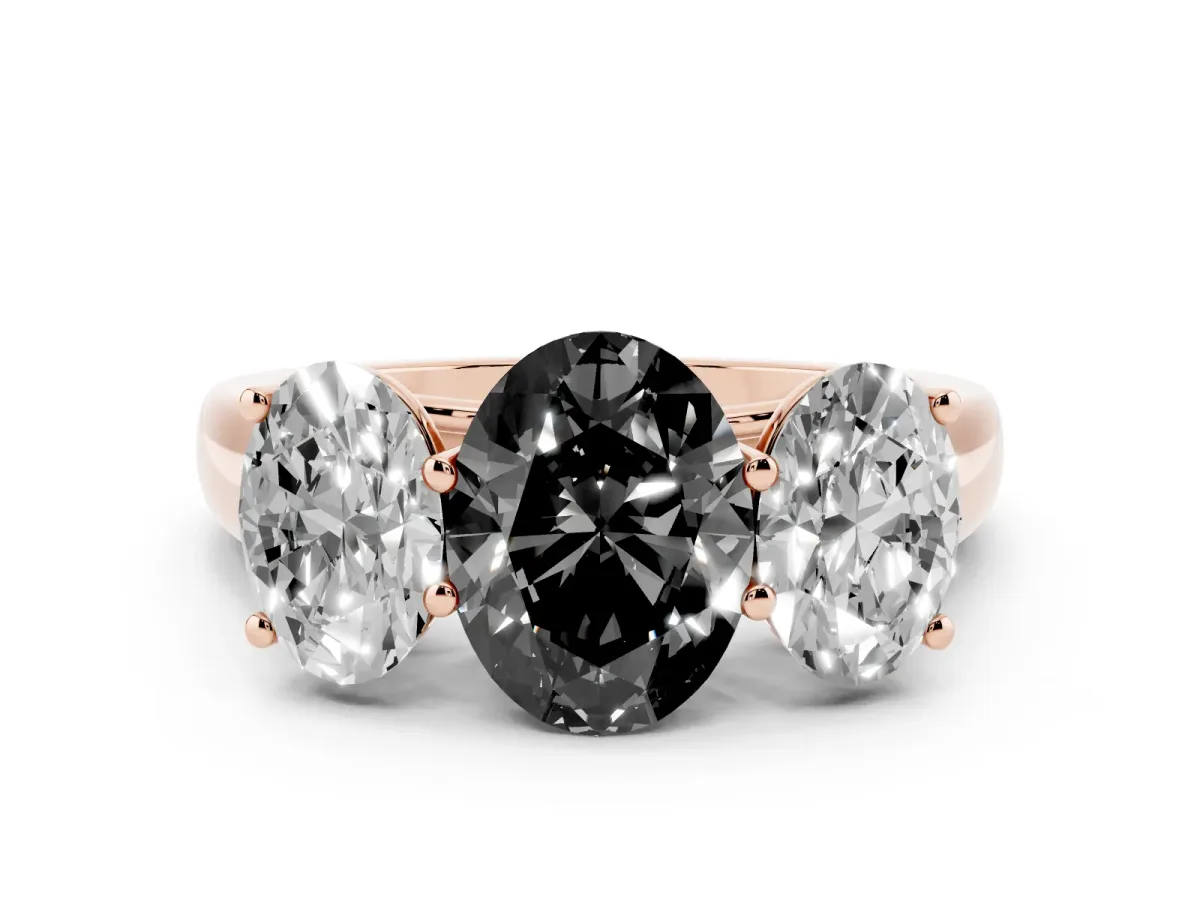 Fancy Black Oval Cut Three-Stone Diamond Ring with Prong Setting on a Classic Band Rose gold