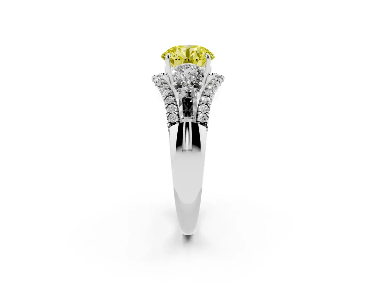 Fancy Yellow Three-Stone Round Cut Diamond Engagement Ring with Pave Band and Prong Setting Silver