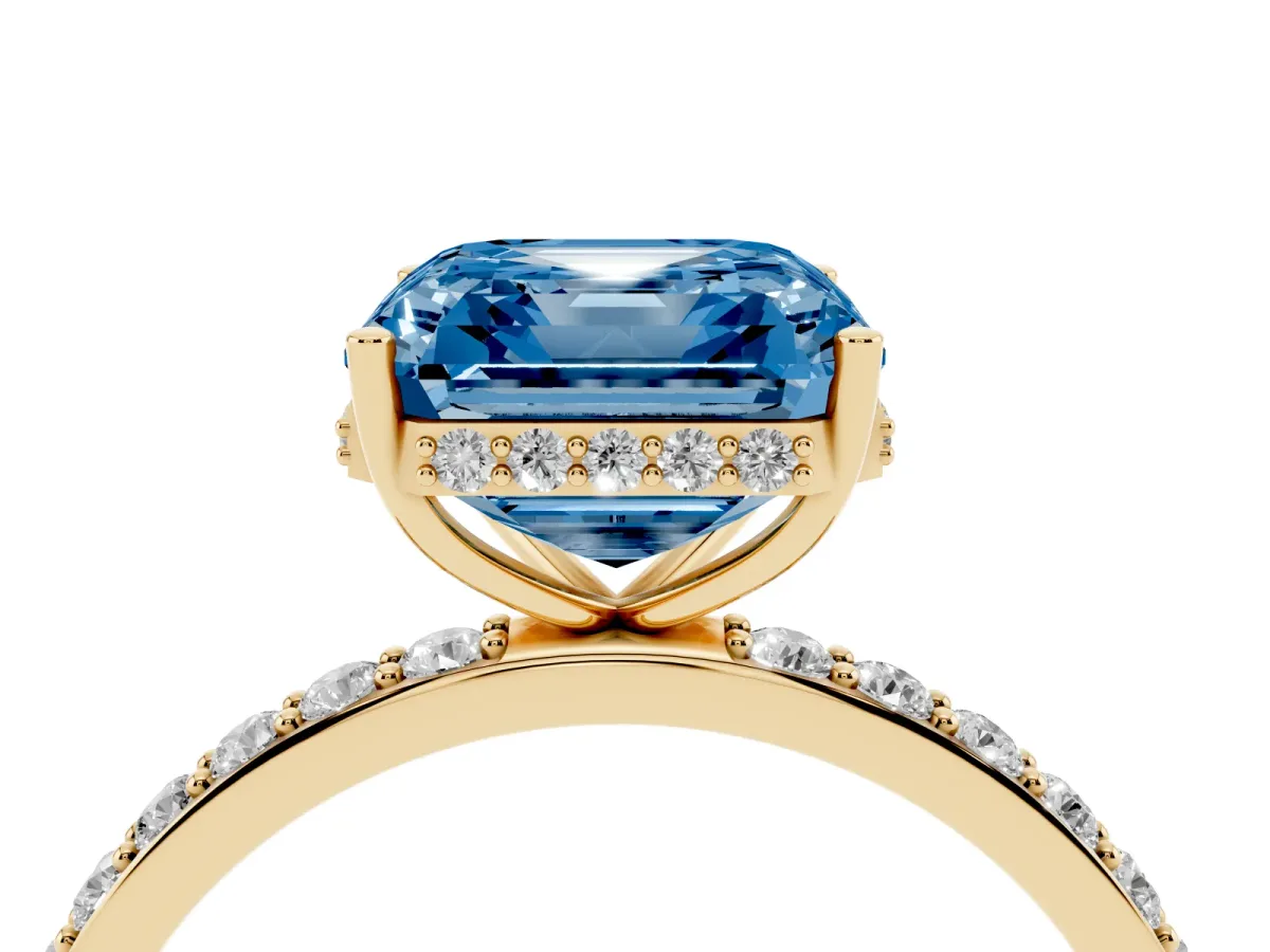 Fancy Blue Asscher Cut Diamond Solitaire Ring with Pavé Band and Hidden Halo Yellow gold