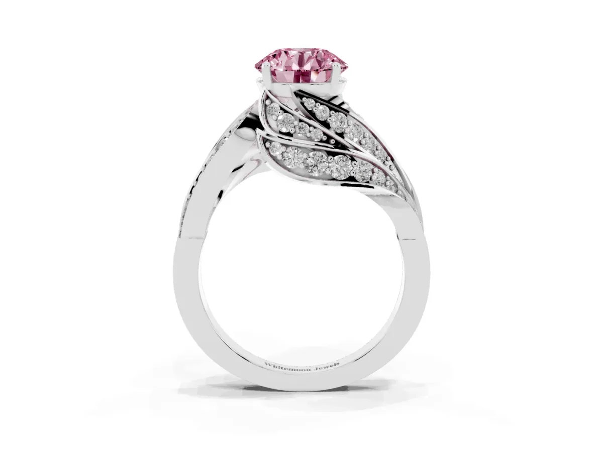 Fancy Pink Round Cut Diamond Solitaire Ring with Prong Setting and Twisted Pavé Band Silver