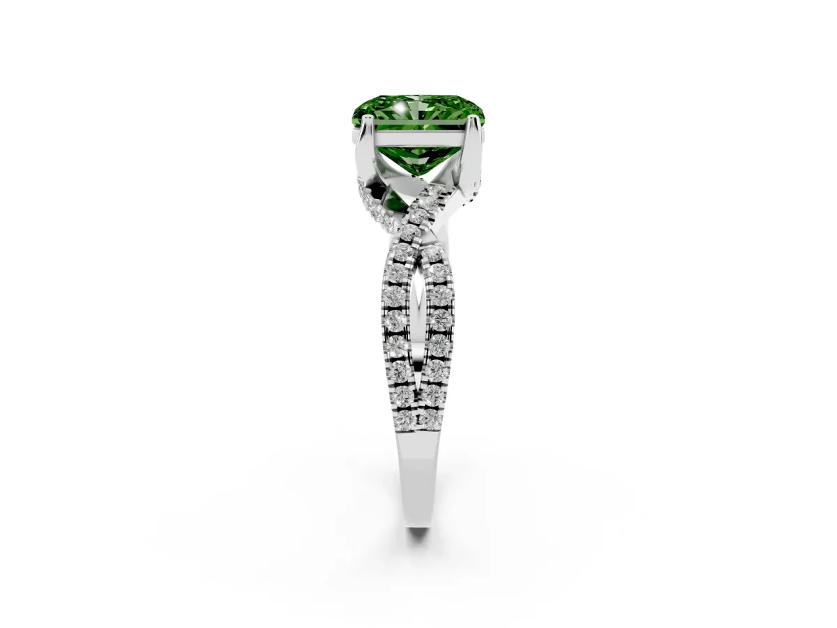 Fancy Green Radiant Cut Solitaire Twist Pave Diamond Engagement Ring with Prong Setting Silver
