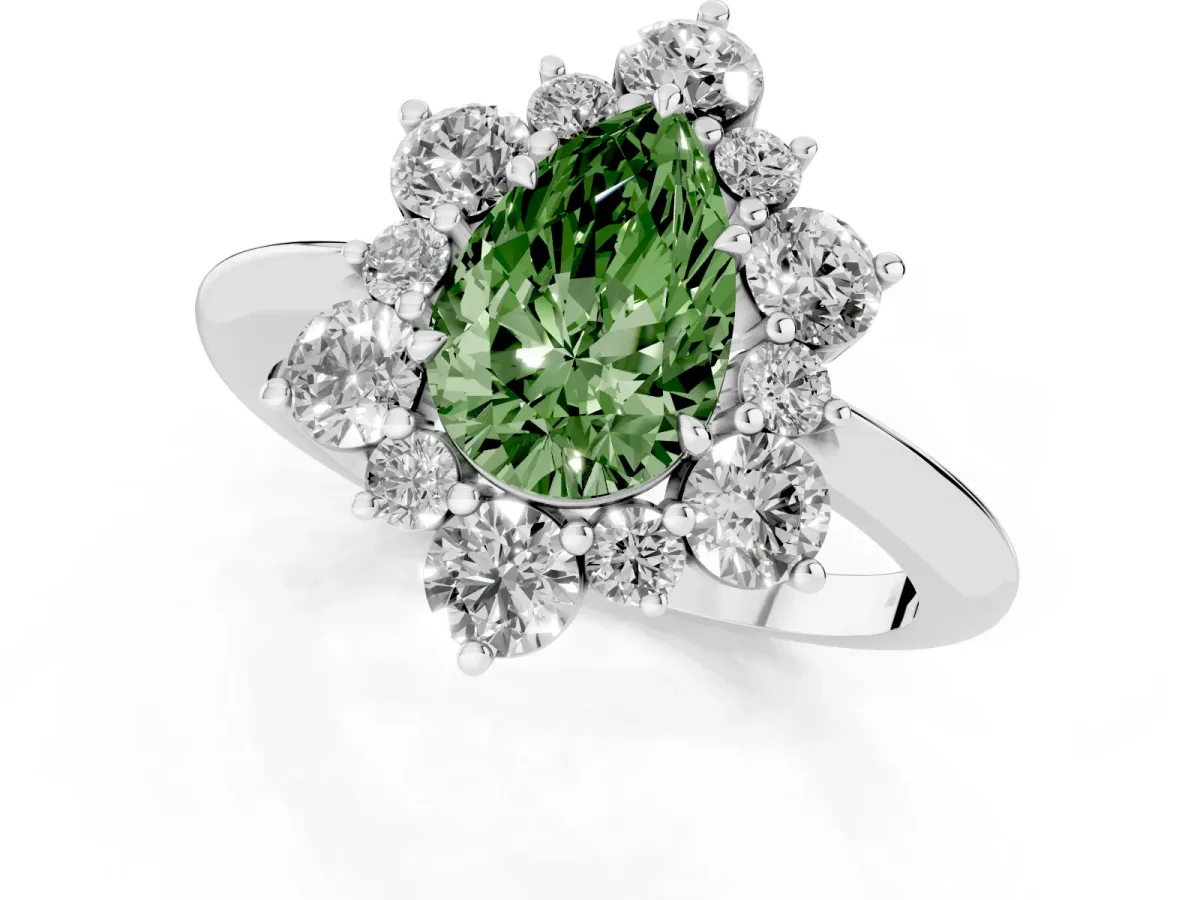 Fancy Green Pear Cut Diamond Cluster Halo Ring with Solitaire Band and Four-Prong Setting Silver