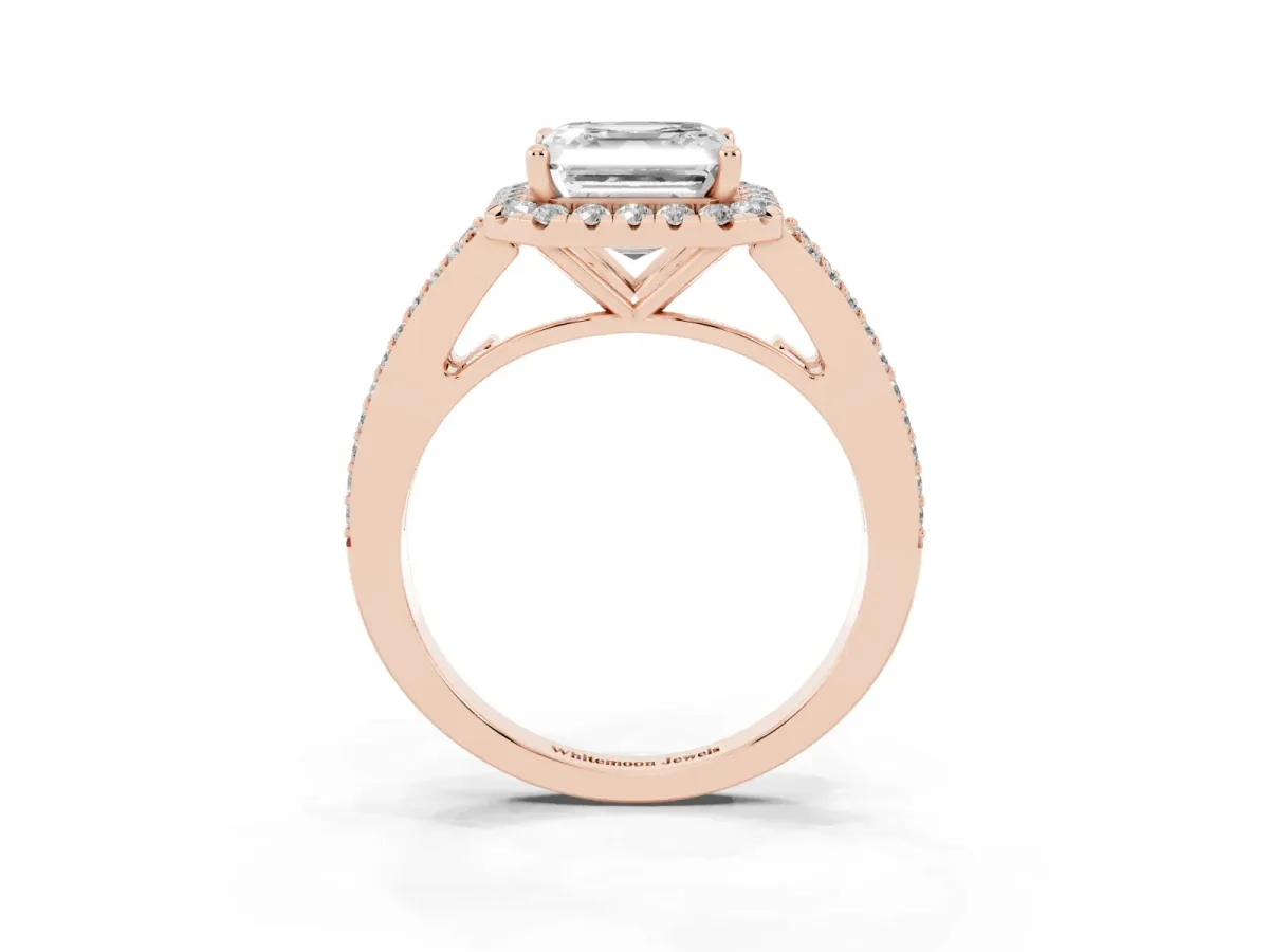 Asscher Cut Halo Split Shank Diamond Ring with Prong Setting Rose gold
