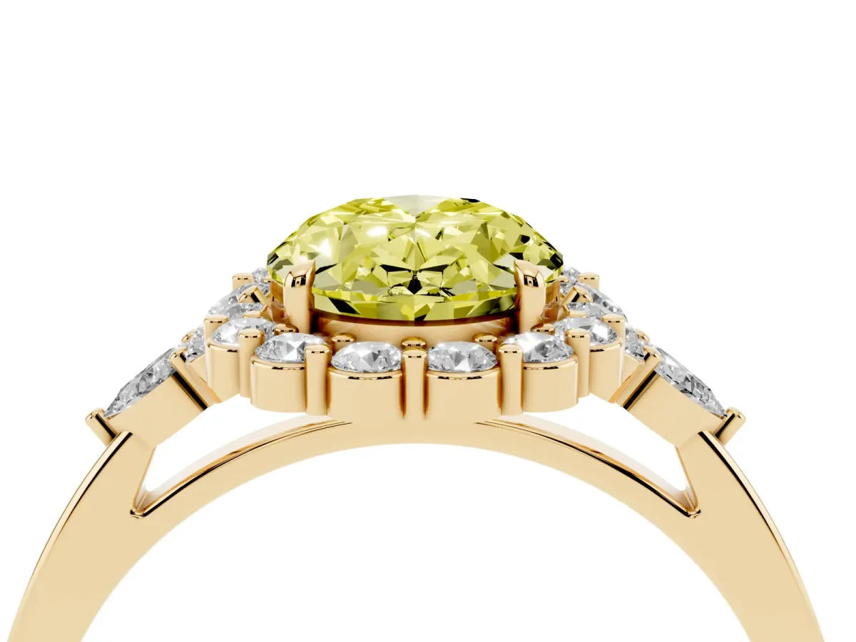 Fancy Yellow Oval Cut Diamond Halo Ring with Pear Side Stones and Prong Setting Yellow gold