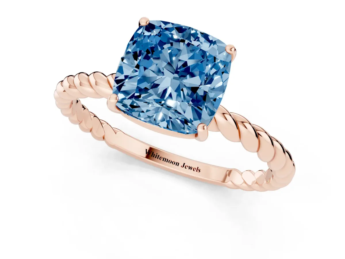 Fancy Blue Cushion Cut Solitaire Twisted Band 4-Prong Ring Rose gold