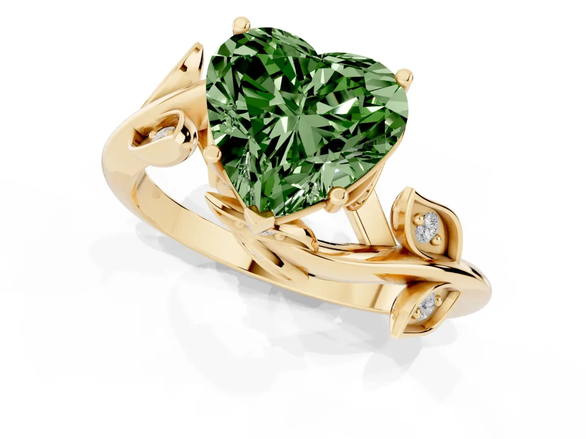 Fancy Green Heart Cut Solitaire Twist Engagement Ring with Leaf Accents and Prong Setting Yellow gold
