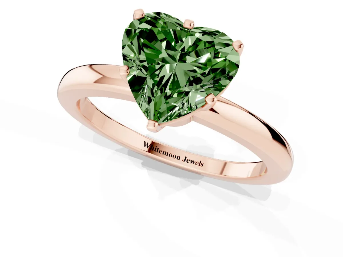 Fancy Green Heart Cut Solitaire Diamond Ring with Six-Prong Setting on a Classic Band Rose gold