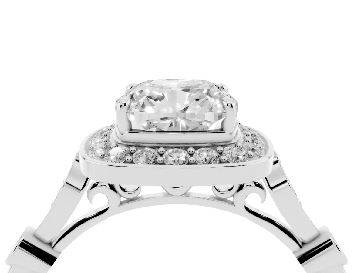 Cushion Cut Halo Diamond Engagement Ring with Twisted Band and Four-Prong Setting Silver