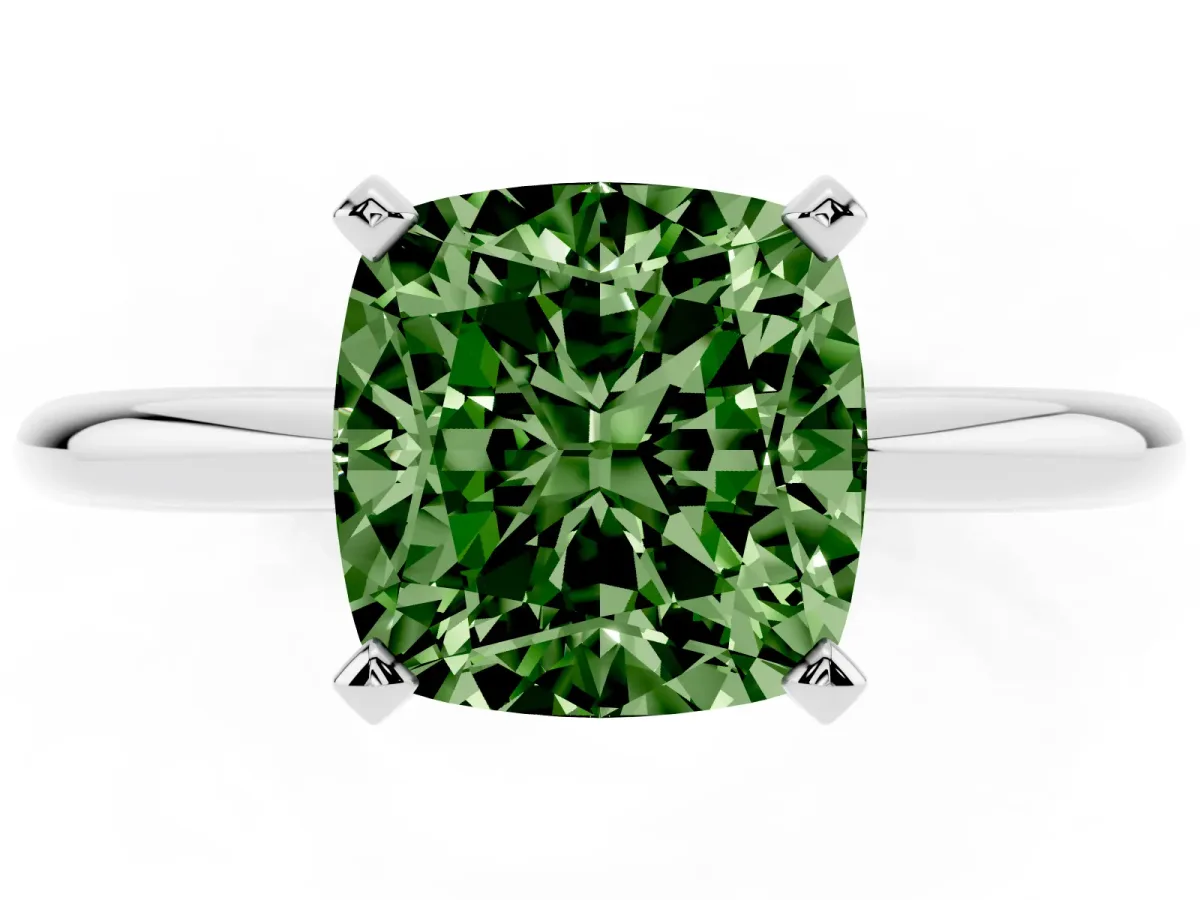 Fancy Green Cushion Cut Diamond Solitaire Ring with Prong Setting and Classic Band Silver