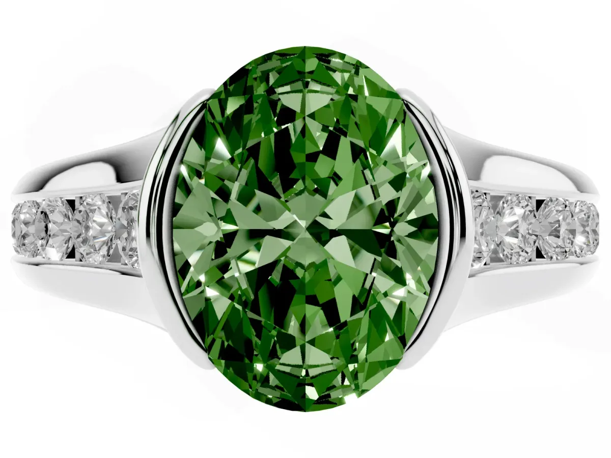 Fancy Green Oval Cut Solitaire Bezel-Set Diamond Ring with Channel-Set Band Silver