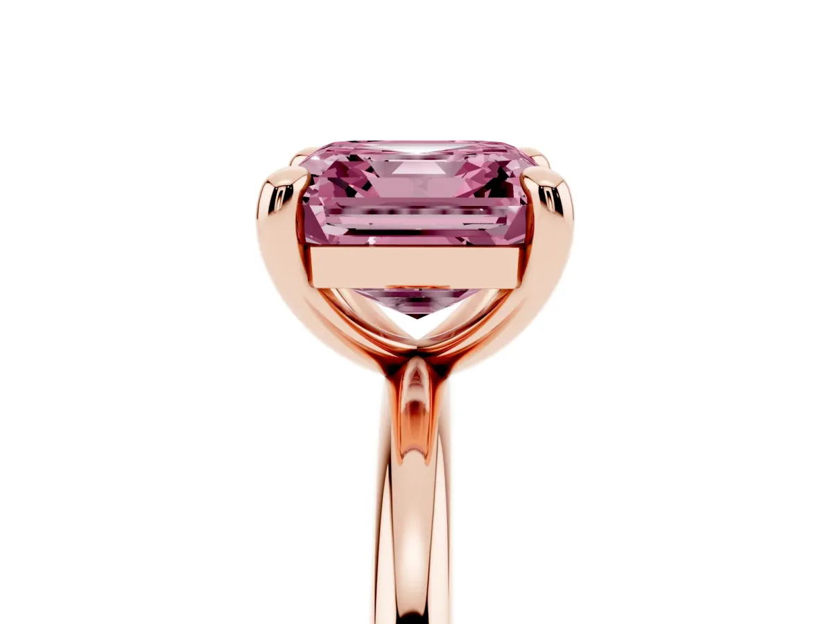 Fancy Pink Asscher Cut Solitaire Diamond Ring with Four-Prong Setting on a Plain Band Rose gold