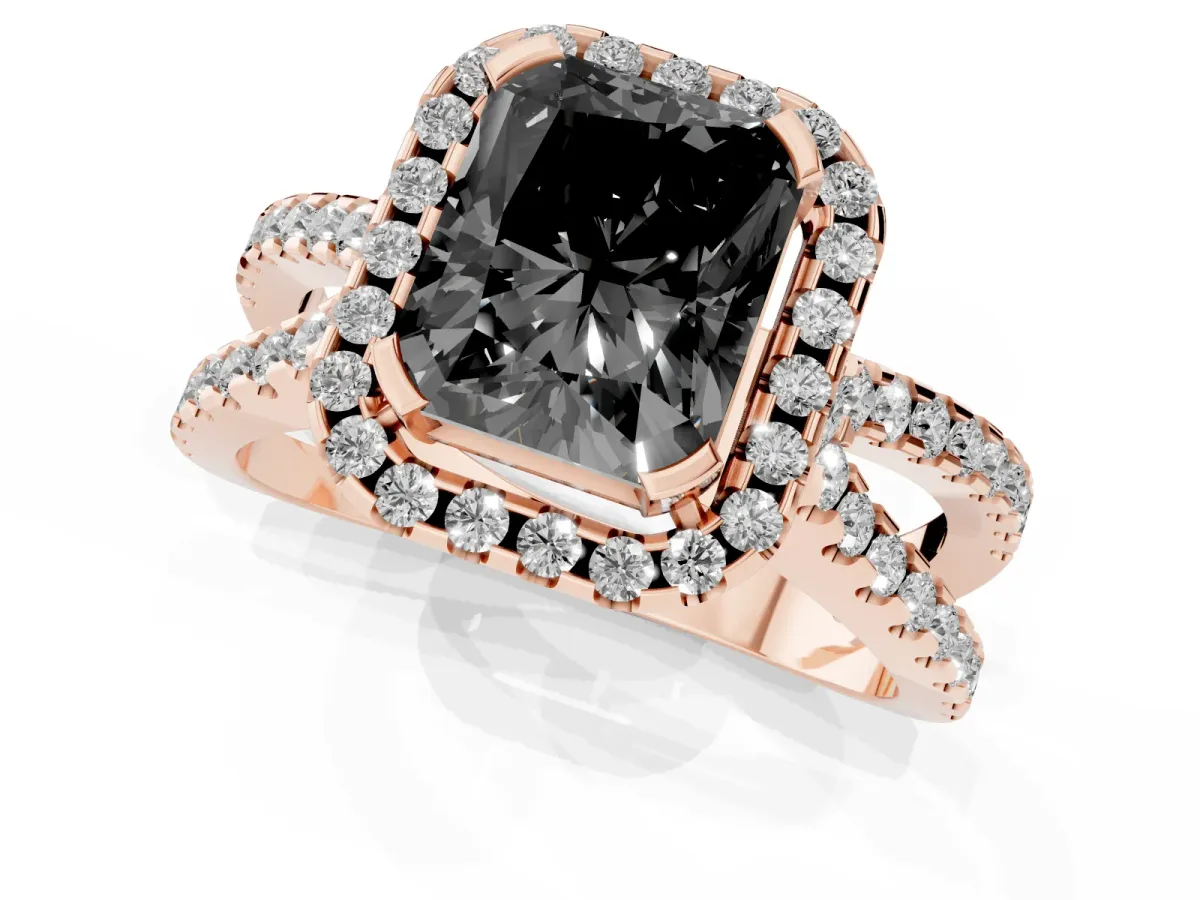 Fancy Black Radiant Cut Diamond Halo Ring with Split Shank Pavé Band and Prong Setting Rose gold