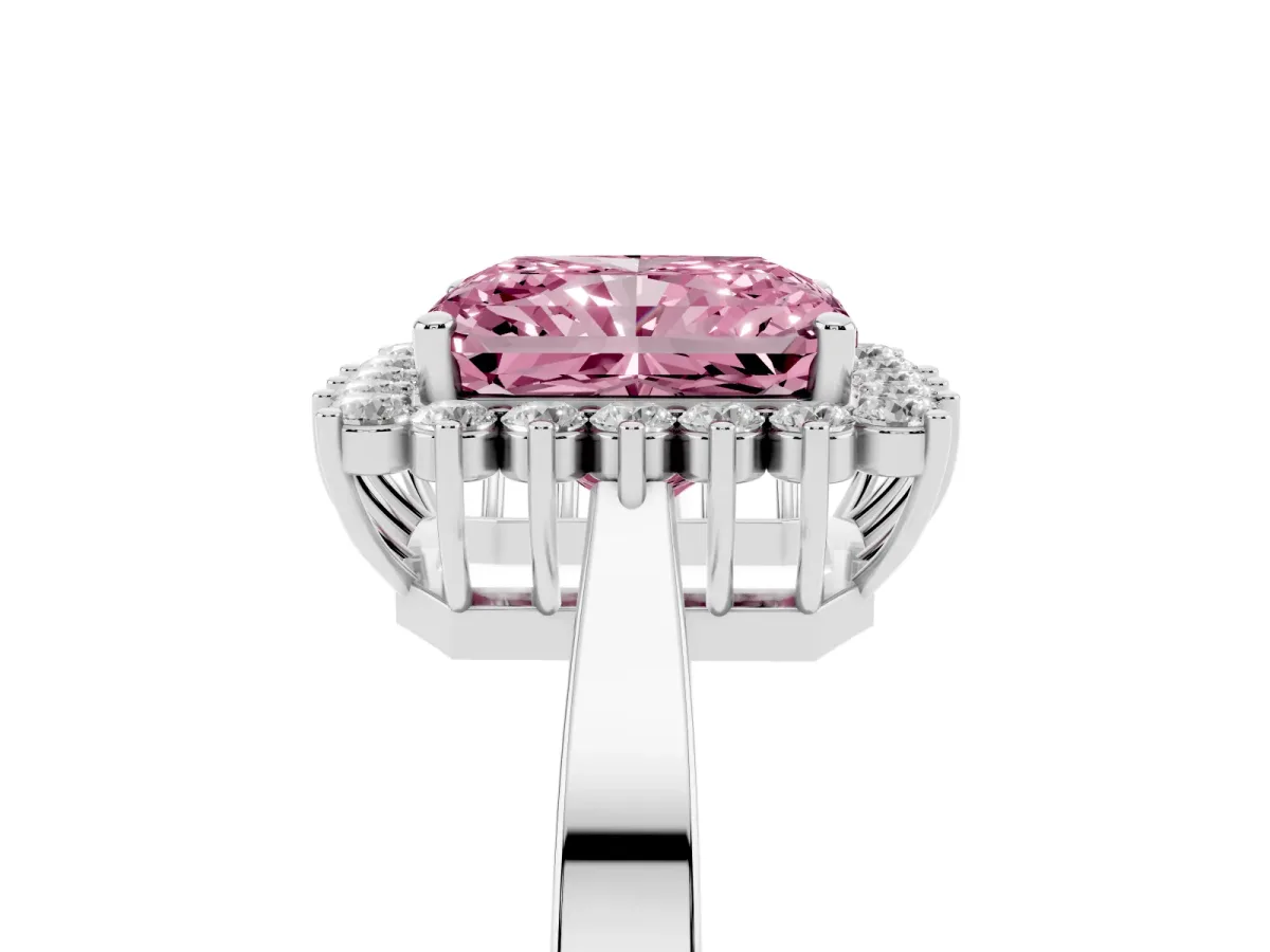 Fancy Pink Radiant Cut Cut Diamond Halo Ring with Round Brilliant Halo and Solitaire Band Platinum