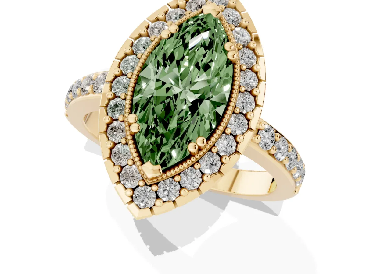 Fancy Green Marquise Cut Diamond Halo Ring with Pavé Band and Prong Setting Yellow gold