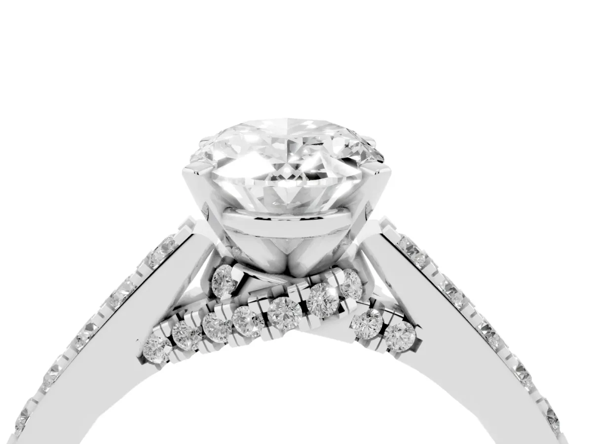 Oval Cut Diamond Solitaire Ring with Crossover Gallery and Round Pavé Band White gold