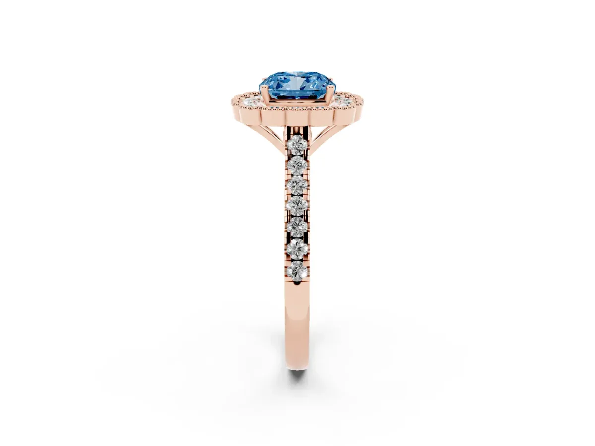 Fancy Blue Cushion Cut Cut Diamond Milgrain Floral Halo Engagement Ring with Pavé Band Rose gold